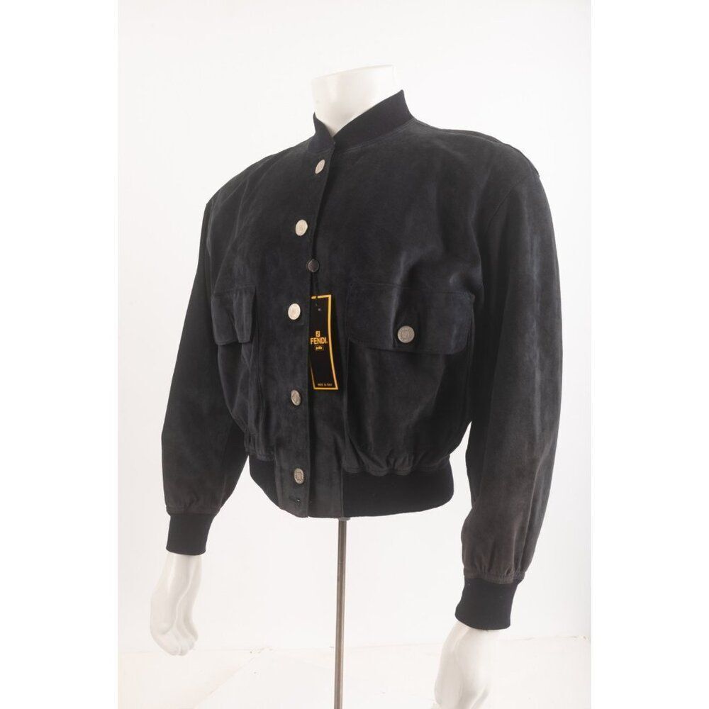 Vintage Fendi Suede Bomber Jacket Moto Leather SZ 42 Medium Navy Blue Logo NWT - Picture 3 of 11